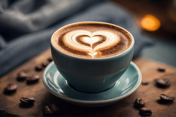 Coffee mug of cappuccino with heart shape