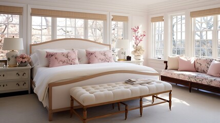 A traditional-style bedroom with a storage bench window seat - obrazy, fototapety, plakaty