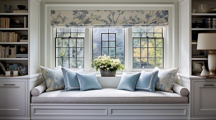 A traditional-style bedroom with a storage bench window seat