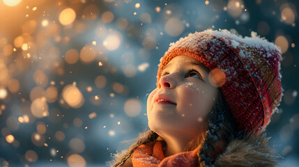 A young girl wearing a red hat looks up at the sky. She is surrounded by orange lights and snow.