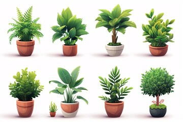 Fototapeta premium Set of 3D cartoon icons featuring potted houseplants, trees, and grass shoots.