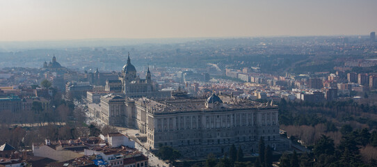 Fototapeta na wymiar Royal Palace of Madrid, capital of Spain, seen from a very high roof