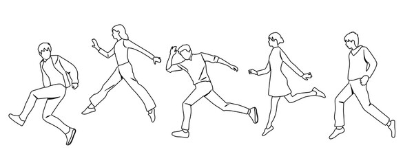 Vector silhouettes of men and women, group of running business people, teenagers, profile, linear sketch, black color isolated on white background