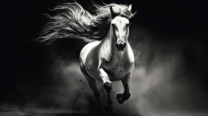 Obraz na płótnie Canvas A black and white photo of a horse in motion