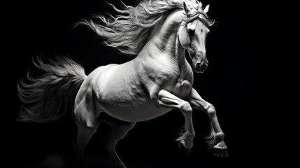 A black and white photo of a horse in motion