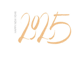2025 Happy New Year hand drawn gold text logo design. Holiday header. Typographic design.