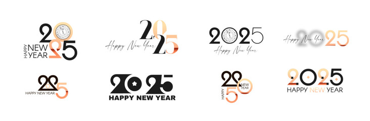 2025 Happy New Year text logo design. Holiday header. Black, gold and white number. Typographic design.