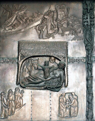 Birth of Jesus, detail of the giant bronze door in the Basilica of the Annunciation, Nazareth, Israel - 733016880