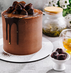 chocolate cake with truffles and tea