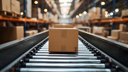 A conveyor belt moves boxes in a large warehouse.