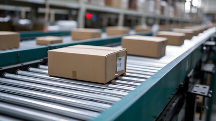 Obraz premium A conveyor belt moves boxes in a large warehouse.