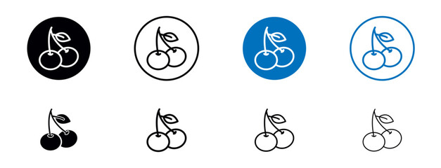 Cherry Line Icon Set. Red fruit dessert symbol in black and blue color.