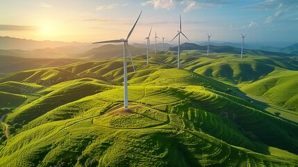 Wind energy: Sustainable, green energy from wind, sun and water. Wind farms and wind turbines for a green energy future.