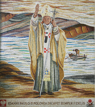 Mosaic commemorating the visit of the Pope John Paul II, Church of the Primacy of St Peter., Sea of Galilee, Tabgha, Israel