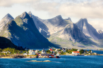 Looking from the Famous Fishing Village of Reine in Lofoten, Norway, towards Reinefjorden with its Dramatic Mountain Scenery