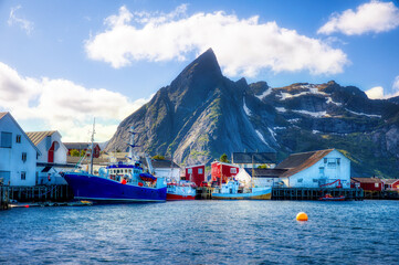 The Fishing Village of Hamnoy, near Reine, in Lofoten, Norway, with the Famous Mount Olstind