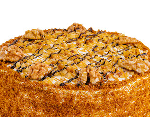 Cake with walnuts and honey close up