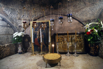 Altar over the tomb of the Virgin Mary in the Church of the Sepulchre of Saint Mary, known as Tomb of Virgin Mary, at Mount of Olives, Jerusalem, Israel 