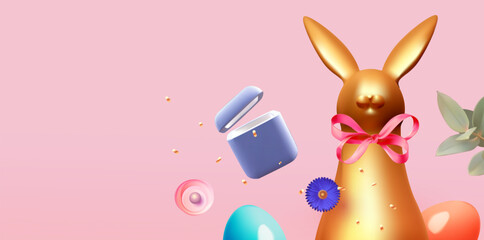 Happy Easter! Holiday background with cute bunny, colorful eggs and gift box. Easter rabbit and eggs on pink background.