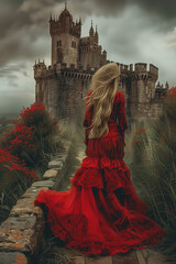 red woman againts ghotic castle - obrazy, fototapety, plakaty