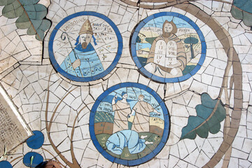 Floor mosaic in front of the Church of the Beatitudes, the traditional place where Jesus gave the Sermon on the Mount, Galilee, Israel - 733018498