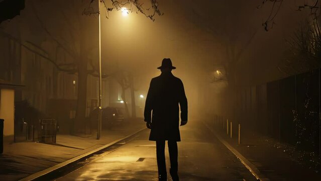 Man in a hat walking on the street at night. 3D rendering.