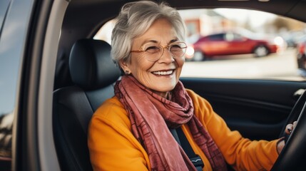 A contented, happy senior woman driving her new car.