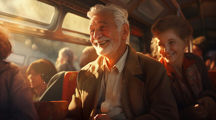 Happy smiling old aged man travel by bus at sunset. Sunny picture of public transport passenger inside public transport.