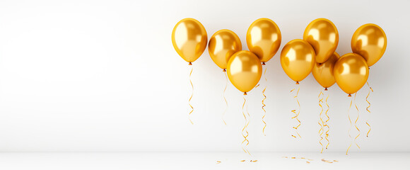 Golden helium balloons on a background of a gray light wall. Background for the design of a holiday invitation. Luxurious helium balloons for Birthday or New Year