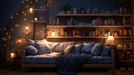 A room with a built-in sleeping nook surrounded by shelves, serving as a cozy retreat - obrazy, fototapety, plakaty