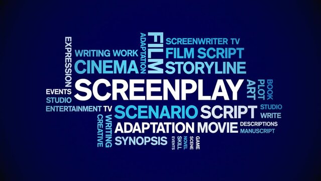 Screenplay animated tag word cloud;text design animation kinetic typography seamless loop.