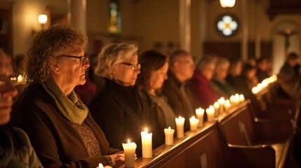 A group of parishioners gathers in the pews for a midweek prayer service, their faces illuminated by the warm glow of candles.