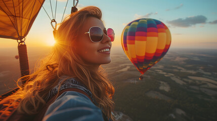A woman wearing sunglasses and a jacket takes a selfie while a hot air balloon hovers in the background.