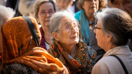 A group of parishioners gathers in the church courtyard for a blessing of the sick ceremony, their faces marked with pain and suffering as they seek healing and wholeness in body, mind, and spirit.  - obrazy, fototapety, plakaty