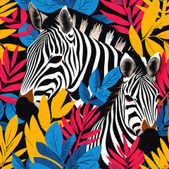 Zebra and tropical leaf Africa cartoon colorful repeat pattern, vibrant bright line art pop art party funky