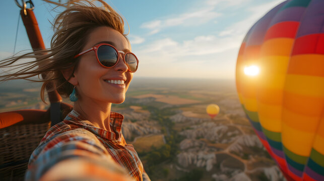 A woman wearing sunglasses and a jacket takes a selfie while a hot air balloon hovers in the background.