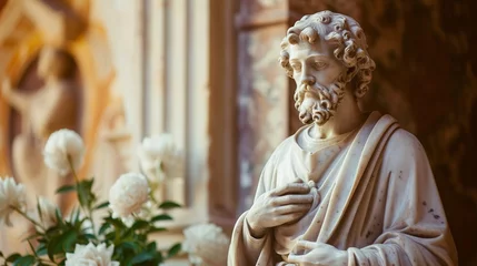 Fotobehang A statue of Saint Joseph stands in a alcove, his strong and gentle presence offering comfort and protection to all who seek his intercession. © Kainat