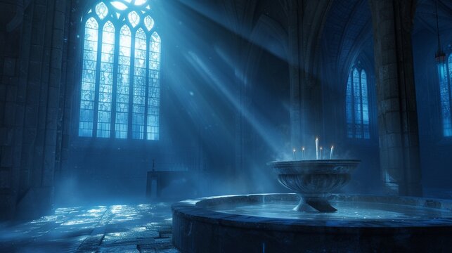 A shaft of moonlight filters through a high window, illuminating the baptismal font in a soft, ethereal glow. The quiet beauty of the scene evokes a sense of wonder and reverence in all who behold it.