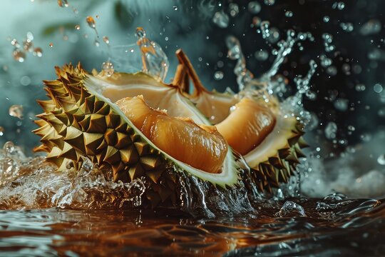Durian In Water Surreal And Forming A Splash Falling Into The Water Realistic Scene