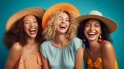 Summer portrait of three beautiful young women smiling, wearing a straw hat on a beach.