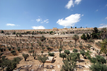 The Christian cemetery on the slopes of the Mount of Olives outside the city walls of Old Jerusalem, Israel