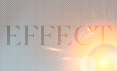 Realistic sun shining natural light effect with warm beams and rays. Sunrise and sunset, flash and explosion. Soft and bright vector effect.