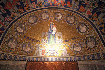 Mary holding child Jesus, mosaic in the Church of the Benedictine Abbey of the Dormition, mount...