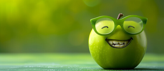 A cheerful green apple with a cartoonish smile, wearing fancy plastic glasses. Copy space on left.