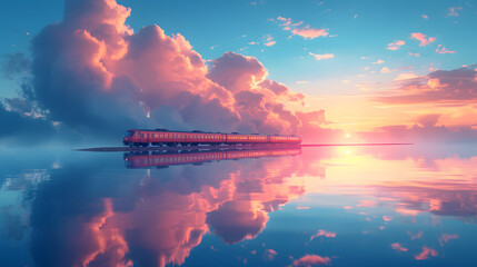 A train is traveling down the tracks, passing by the ocean, during a beautiful sunset. The sky is filled with clouds . The ocean is calm and serene, with small waves lapping at the shore.  - obrazy, fototapety, plakaty