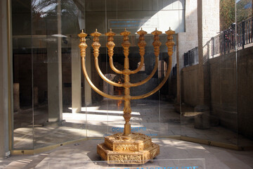 Replica of the Menorah at the excavations at the cardo, old Roman street  in Jerusalem, Israel
