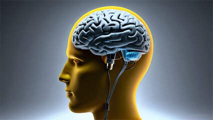 Obraz premium Human head in the form of lightbulb with brain inside. Digital age innovate. Ai technology, artificial mind, brain cognition, digital innovation, Artificial intelligence, Cyber robot. digital concept
