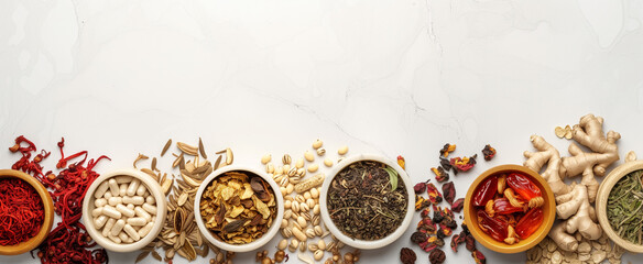 Traditional Chinese Medicine dried herbs table background - obrazy, fototapety, plakaty