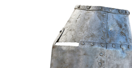 Medieval knight helmet with rivets on white background.