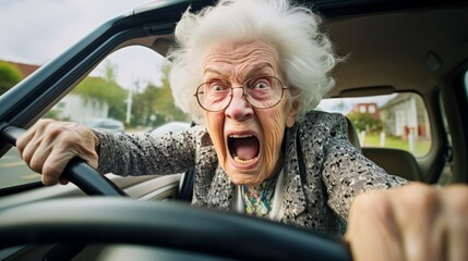 Close-up of an angry screaming senior woman driving a car in the city, dissatisfied with traffic jams and other drivers.